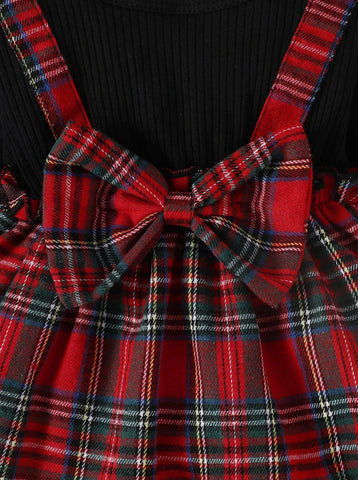 2 in 1 Baby Girl Plaid Faux Suspenders Dress