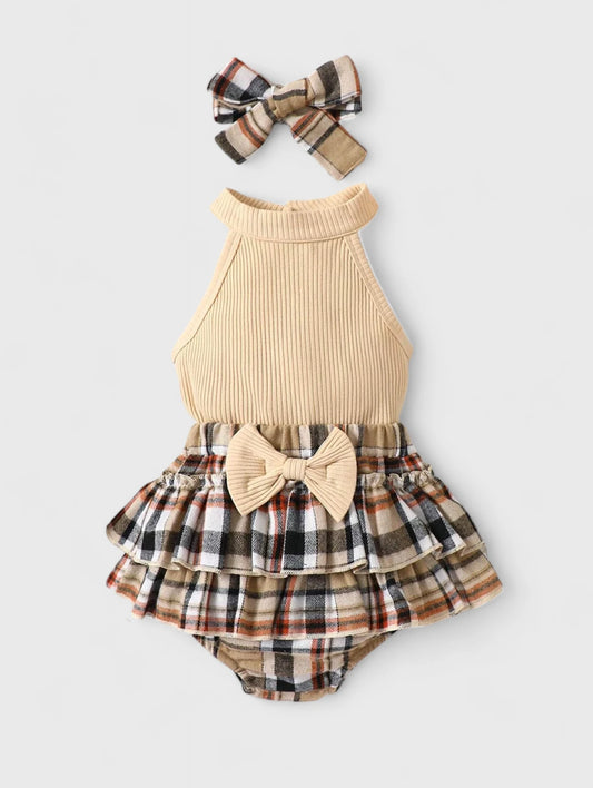 3 Pc Baby Girl Halter bodysuit & Plaid Bloomer Shorts