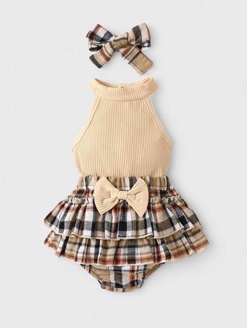 3 Pc Baby Girl Halter bodysuit & Plaid Bloomer Shorts