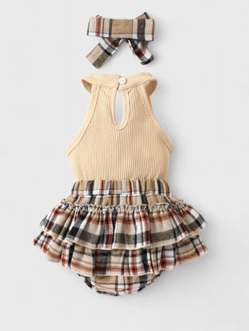 3 Pc Baby Girl Halter bodysuit & Plaid Bloomer Shorts