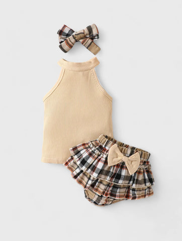 3 Pc Baby Girl Halter bodysuit & Plaid Bloomer Shorts