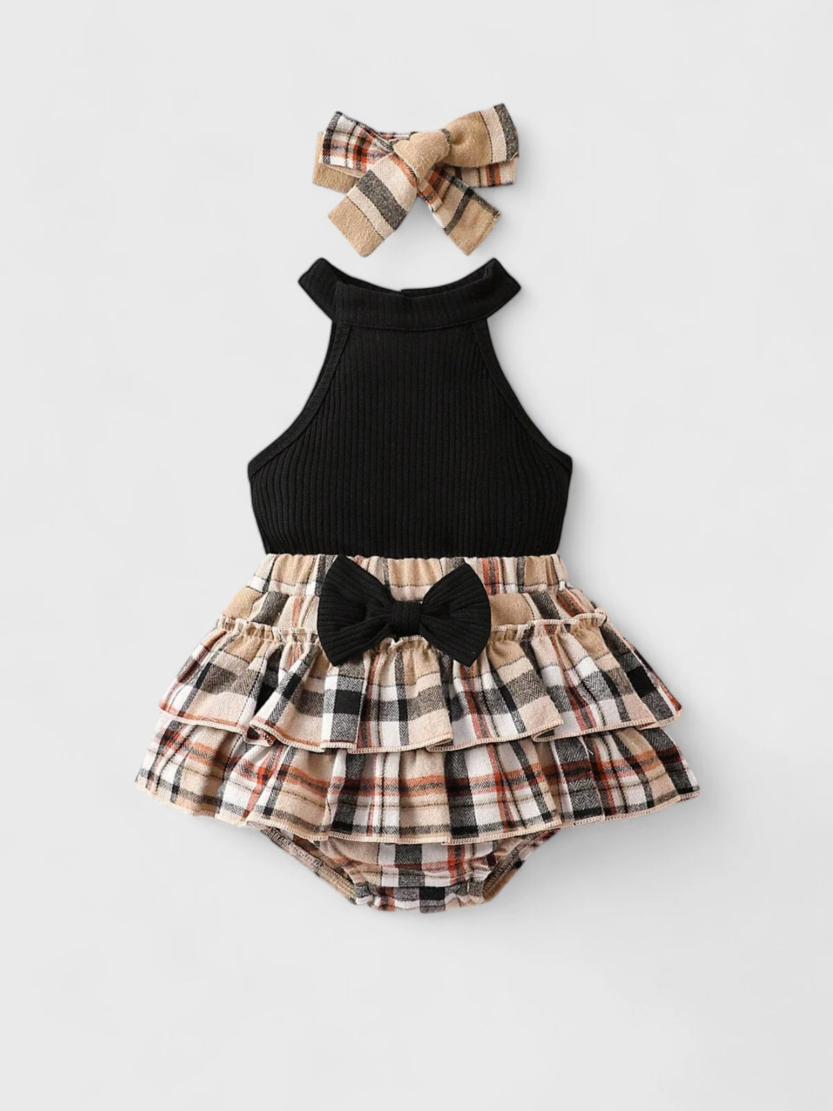 3 Pc Baby Girl Halter bodysuit & Plaid Bloomer Shorts