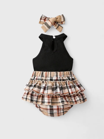 3 Pc Baby Girl Halter bodysuit & Plaid Bloomer Shorts