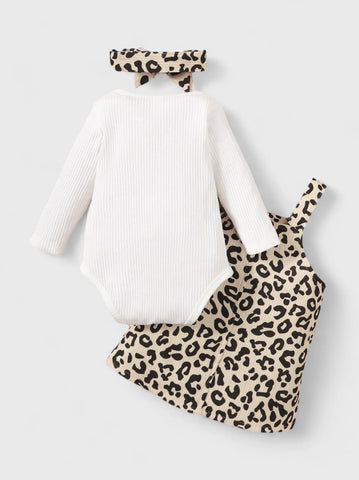 3 Pc Baby Girl Leopard Print Overall Dress