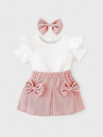 3 Pc Girl Corduroy Bow Skirt and Shirt