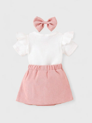 3 Pc Girl Corduroy Bow Skirt and Shirt