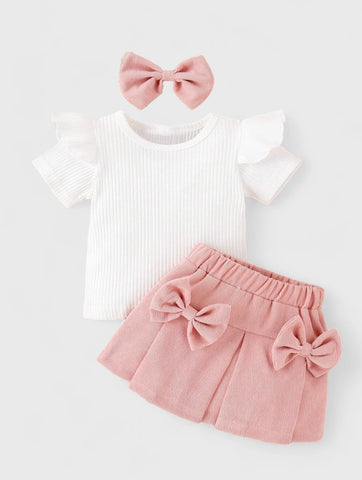 3 Pc Girl Corduroy Bow Skirt and Shirt