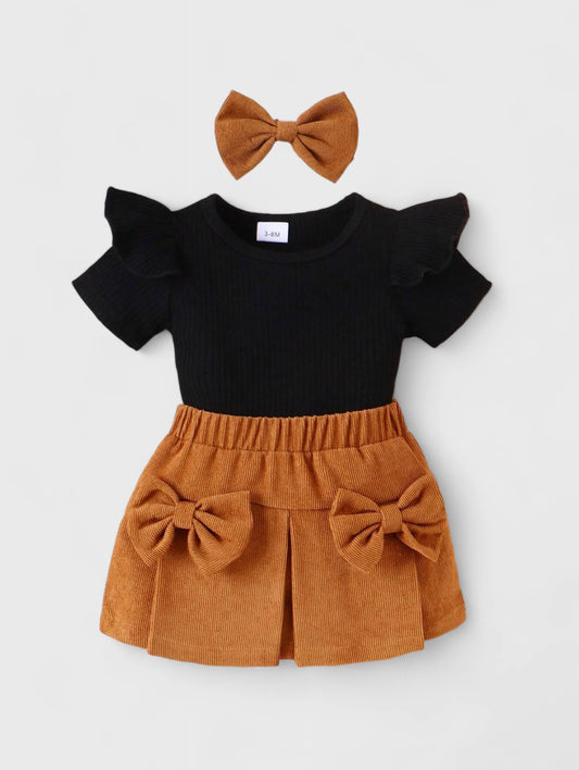 3 Pc Girl Corduroy Bow Skirt and Shirt