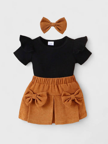 3 Pc Girl Corduroy Bow Skirt and Shirt