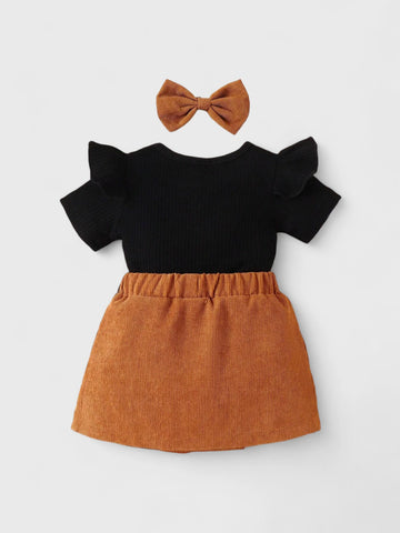 3 Pc Girl Corduroy Bow Skirt and Shirt