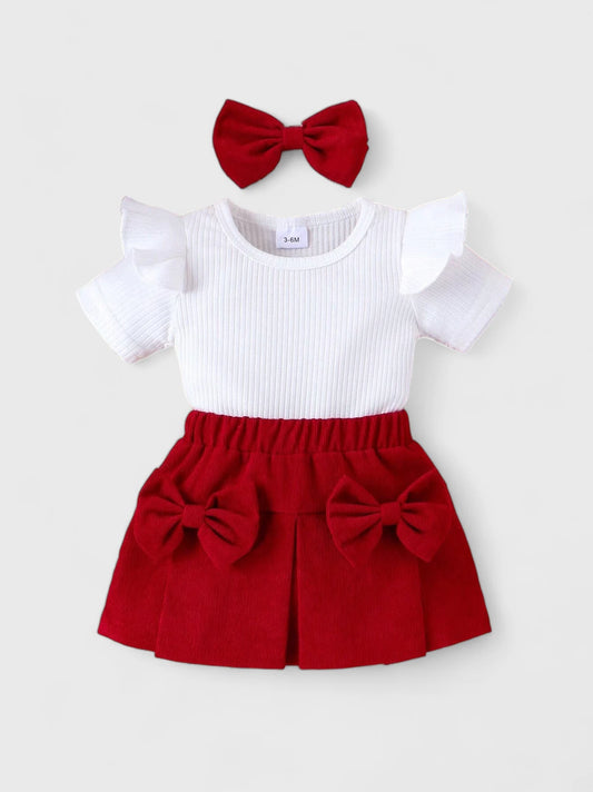 3 Pc Girl Corduroy Bow Skirt and Shirt