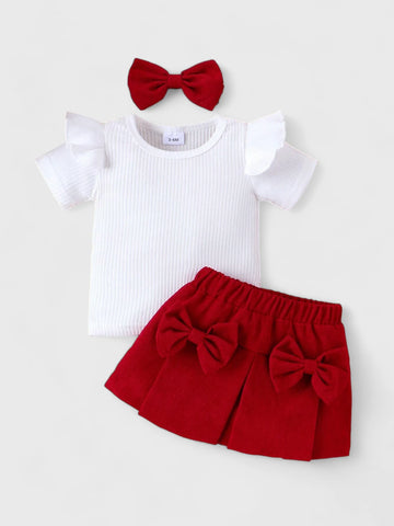 3 Pc Girl Corduroy Bow Skirt and Shirt