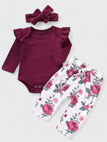 3 Pc Baby Girl Floral Print Pants Set