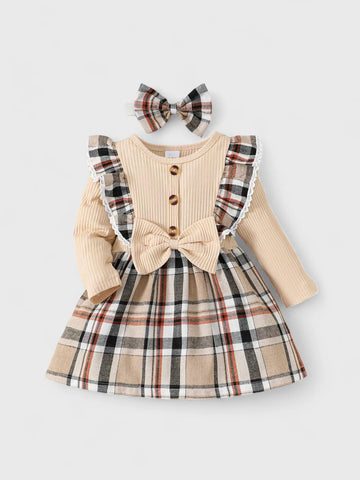 2 Pc Baby Girl Plaid Dress with Bow Headband