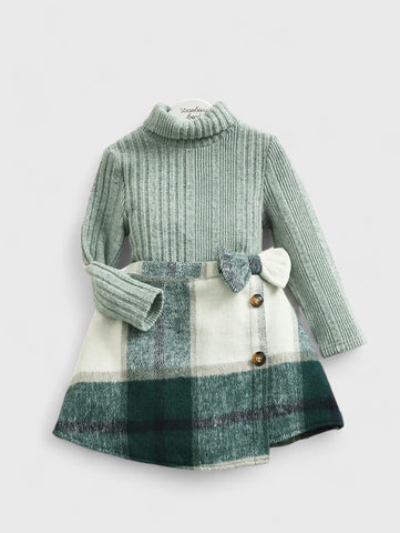 2 Pcs Toddler Turtle Neck Shirt with Plaid Skirt