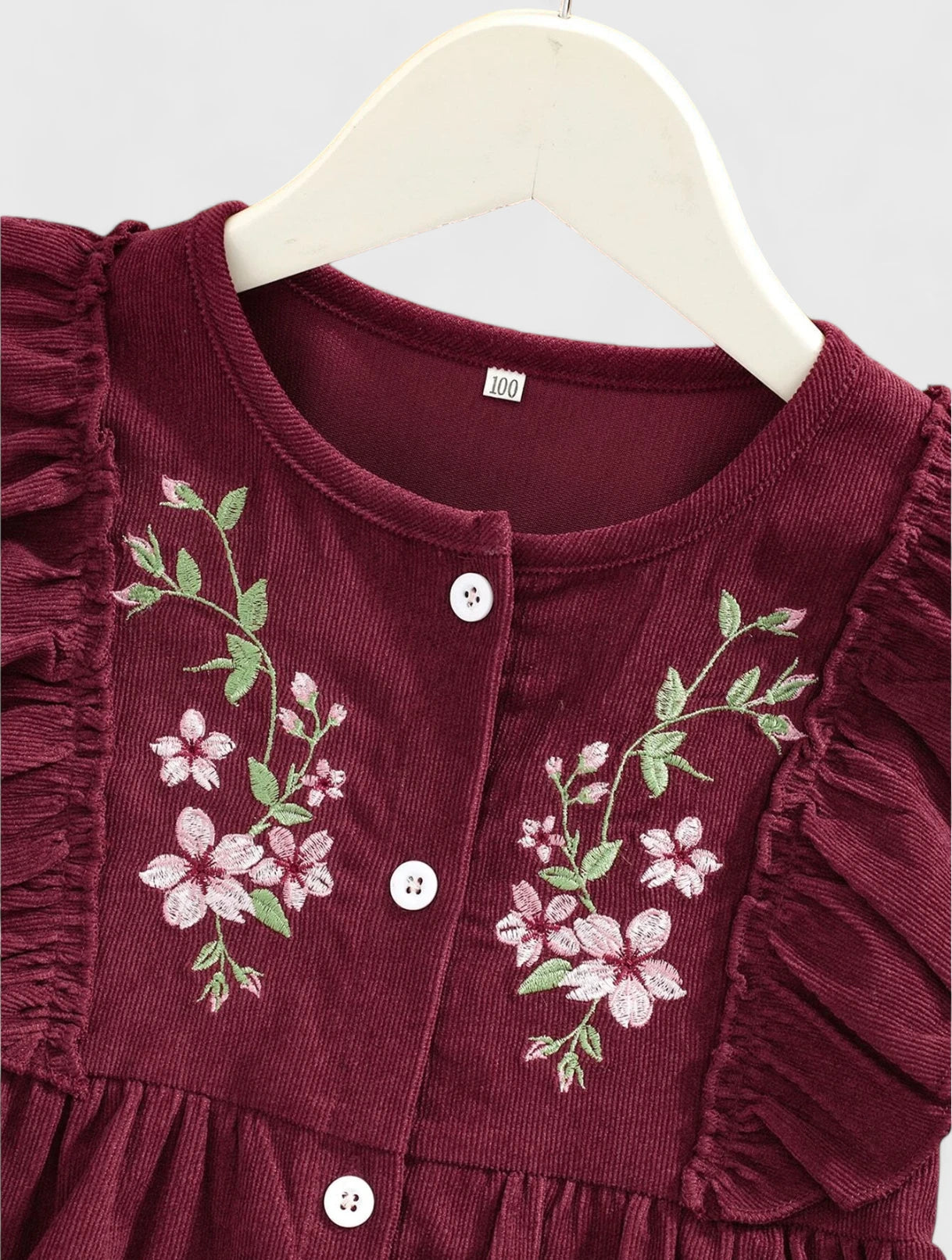 Toddler Little Girls Emb Flower Corduroy Dress 5-6 Y / Burgundy