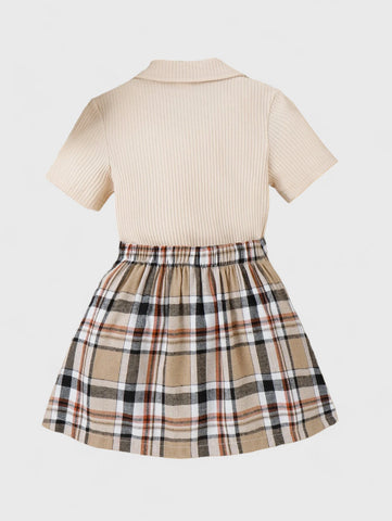 Girls Plaid Bow Front Tee with Skirt