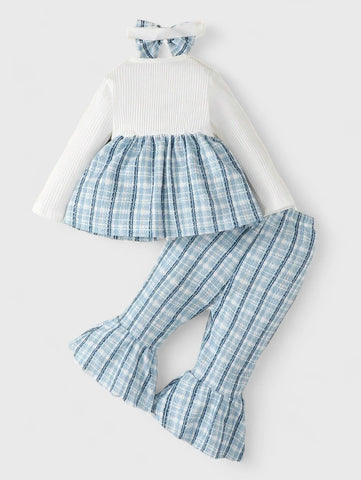 3 Pcs Baby Girl 2 in 1 Tweed Top and Flare Pants Set