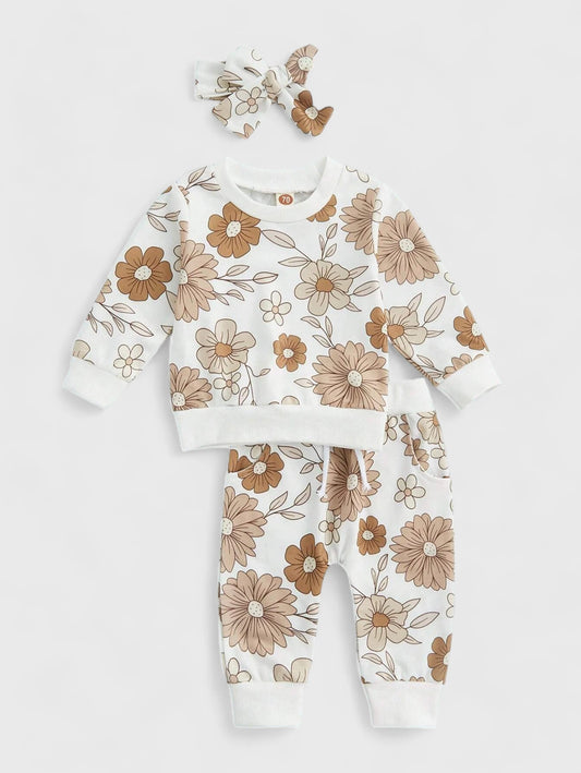 3 Pc Baby Girl Flower Print Sweat Set