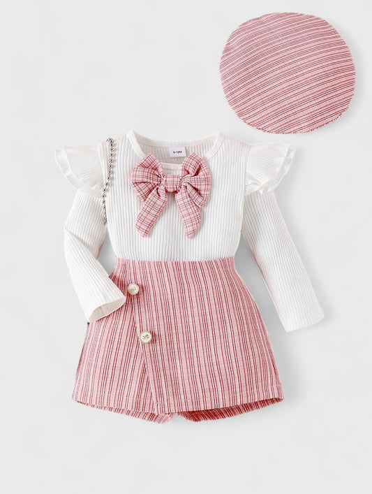 3 Pcs Baby Girl Skorts With Ribbed Bow Shirt and Beret