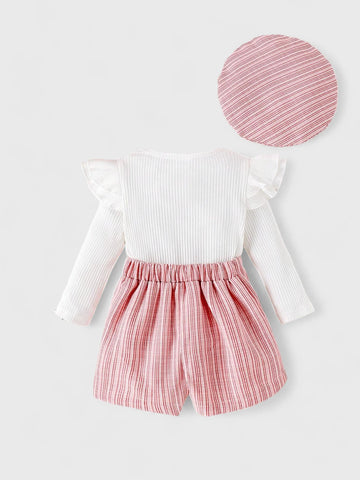 3 Pcs Baby Girl Skorts With Ribbed Bow Shirt and Beret