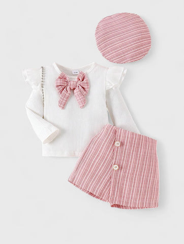 3 Pcs Baby Girl Skorts With Ribbed Bow Shirt and Beret