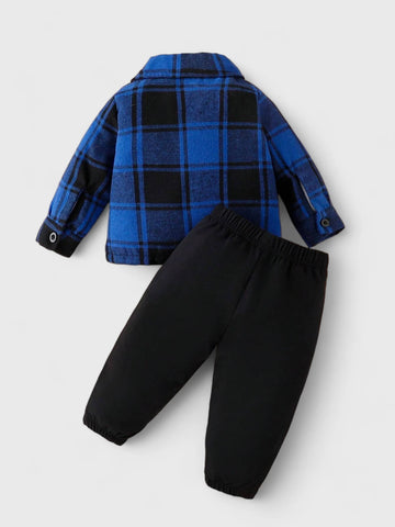 2 Pc Baby Boy Button up Plaid Shirt with Pant Set