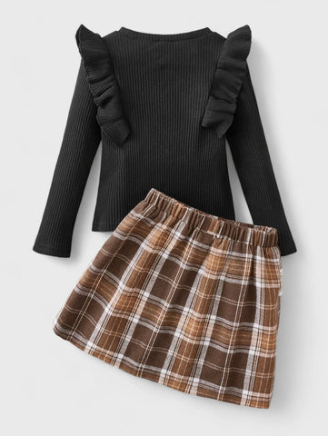 2 Pc Ribbed Shirt with Plaid Skirt