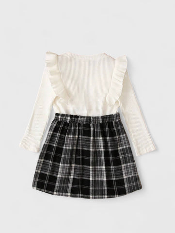 2 Pc Ribbed Shirt with Plaid Skirt