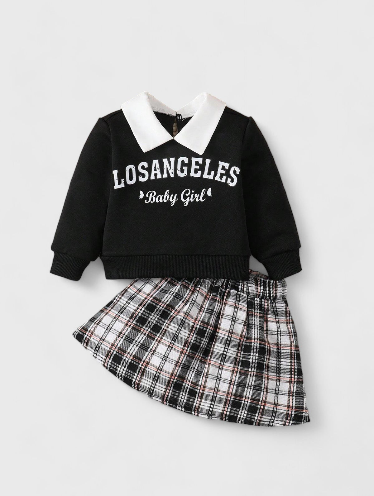 Baby Girl Collar Sweatshirt with Plaid Skirt