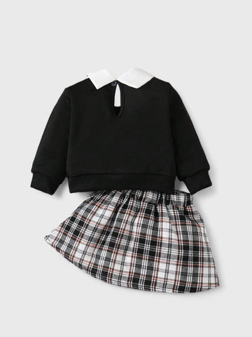 Baby Girl Collar Sweatshirt with Plaid Skirt