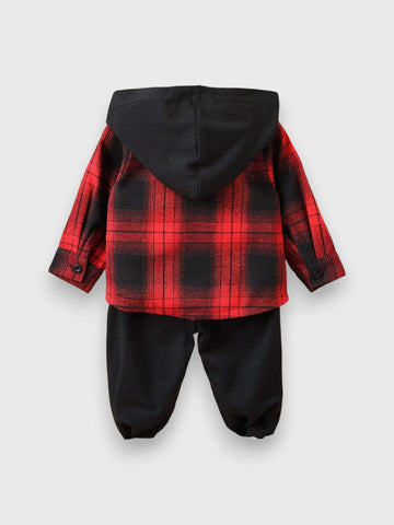 2 Pc Baby Boy Hooded Plaid Shirt with Pant Set