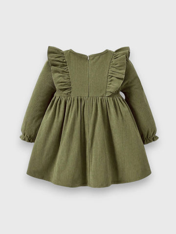 Baby Girl Ruffle Trim Bow Corduroy Dress