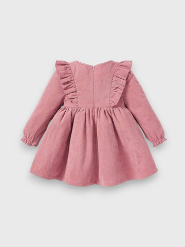 Baby Girl Ruffle Trim Bow Corduroy Dress