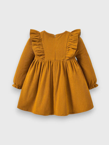 Baby Girl Ruffle Trim Bow Corduroy Dress