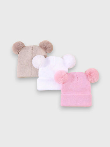 3 Pcs Knit Beanie Toque with Pom Pom Ears