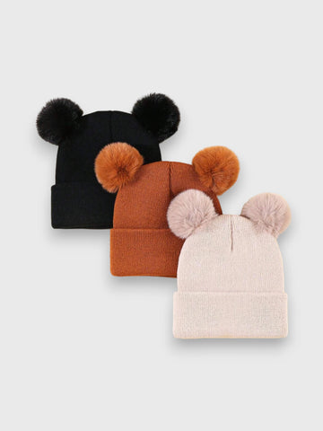 3 Pcs Knit Beanie Toque with Pom Pom Ears