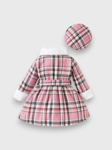 Baby Girl Plaid dress with Fuzzy Trim and Beret Hat