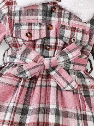 Baby Girl Plaid dress with Fuzzy Trim and Beret Hat