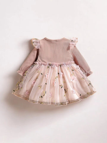 Baby Girl Pink Floral Applique Tulle Dress