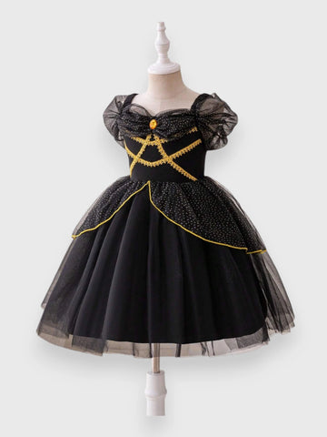 Girls Gold Ribbon Trim Princess Dress