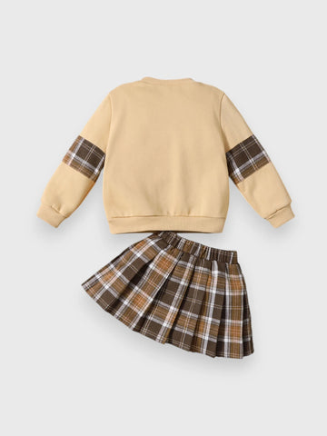 2 Pcs Baby Girl Plaid Bear Sweatshirt Pleat Skirt