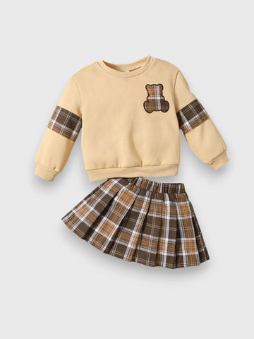 2 Pcs Baby Girl Plaid Bear Sweatshirt Pleat Skirt