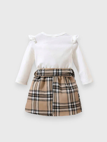 2 pcs Baby Girl Heart Plaid Shirt and Skirt