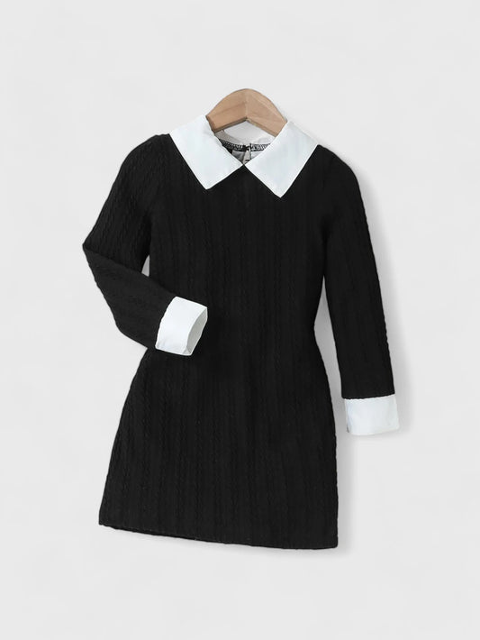 Girls Black Contrast Collar Textured Dress