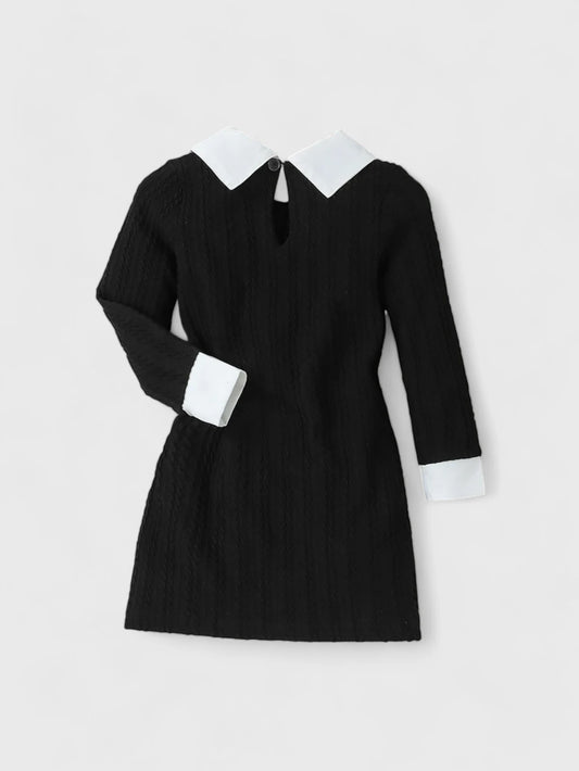 Girls Black Contrast Collar Textured Dress