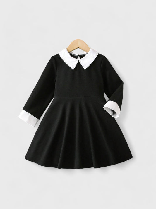 Girls Black Contrast Collar Flare Dress