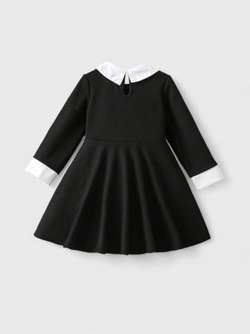 Girls Black Contrast Collar Flare Dress