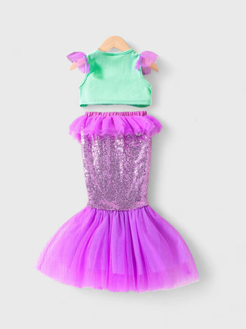 2 Pcs Toddler Girls Sequin Mermaid Top & Skirt