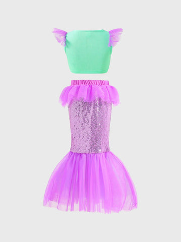 2 Pcs Toddler Girls Sequin Mermaid Top & Skirt